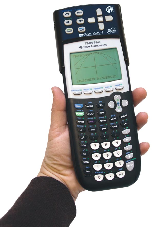 A hand holds up a graphing calculator displaying the front side with a small single-color screen and an extensive array of calculating buttons.