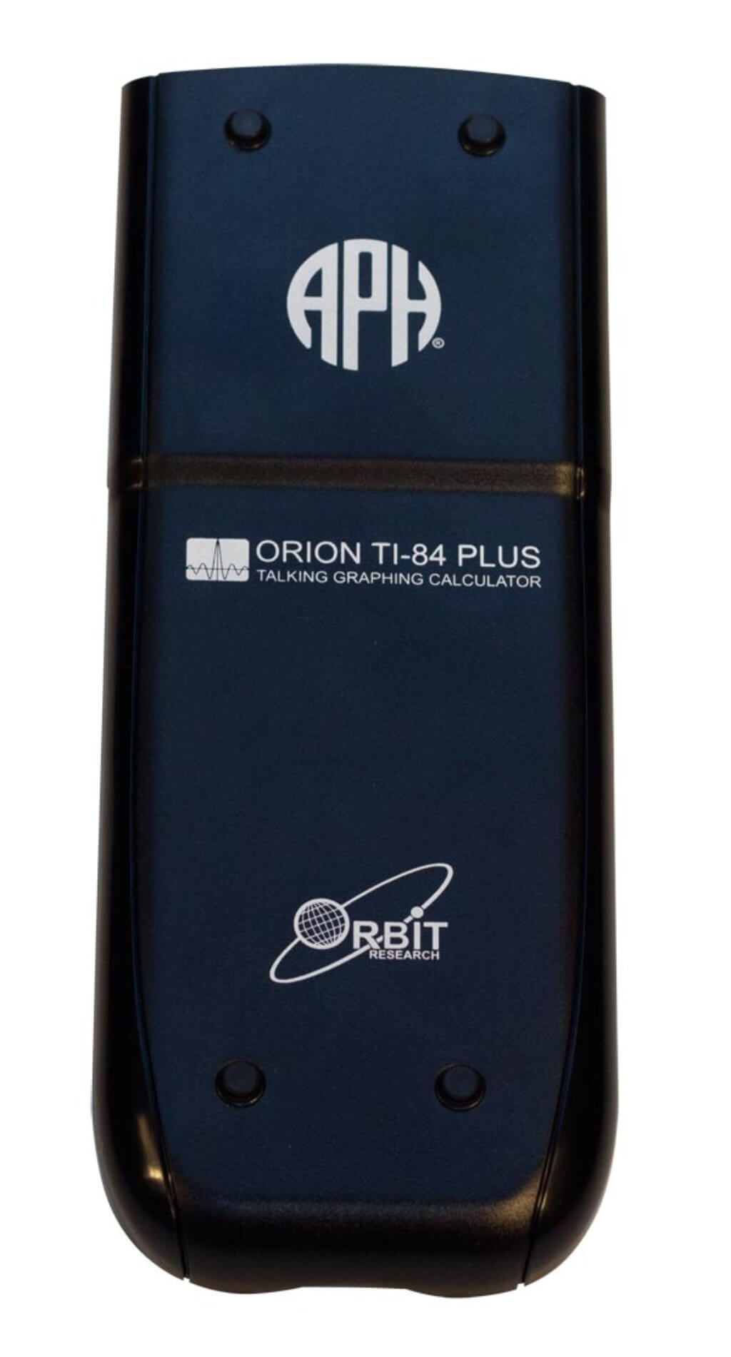 The back of a black calculator case with the words, "Orion TI-84 Plus - Talking Graphing Calculator."