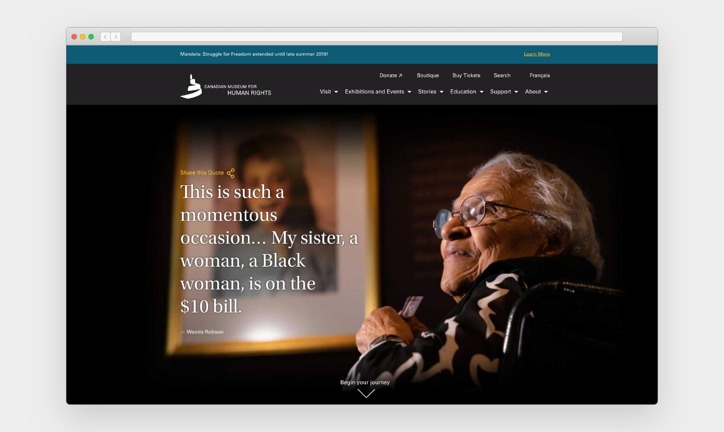 Screenshot of a webpage with a teal blue bar on top announcing "Mandela: Struggle for Freedom extended until late summer 2019." Below that are two rows of navigational items. The majority of the image is a photo of an older woman looking off towards the left and large text that reads, "This is such a momentous occasion . . . My sister, a woman, a Black woman, is on the $10 bill."
