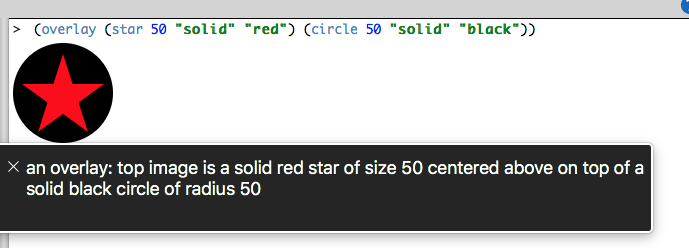Screenshot of code that loads an image of a red star on a black circle background, which is also displayed with visual description and dimensions. It reads: "an overlay: top image is a solid red star of size 50 centered above on top of a solid black circle of radius 50."