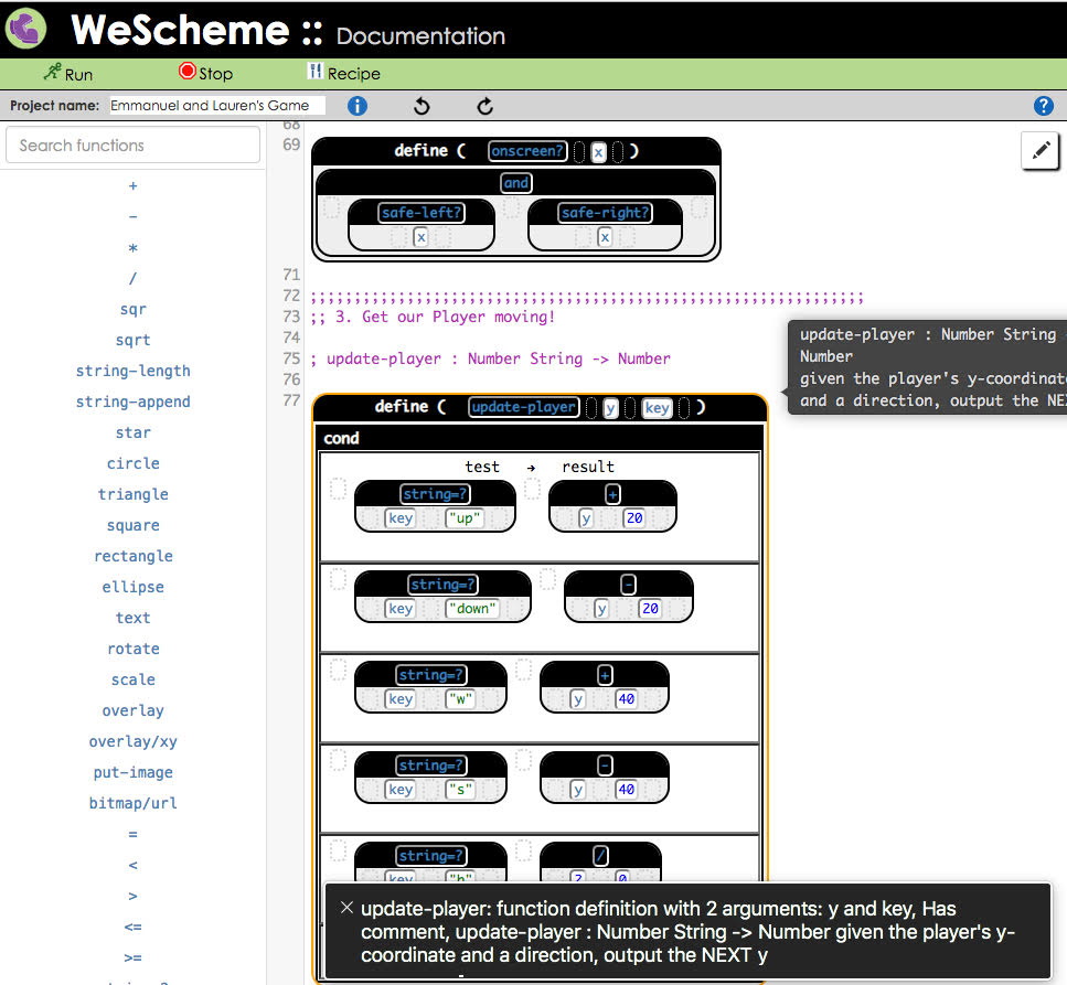 A screenshot of a developer software. On the right is a column of functions with a search box; on the right a column of images of code block elements and programming documentation is displayed.