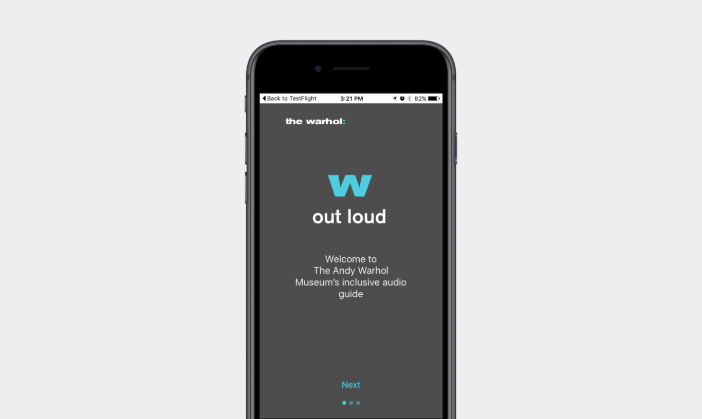A light blue W, followed by the text "out loud," and "Welcome to the Andy Warhol Museums inclusive audio guide"