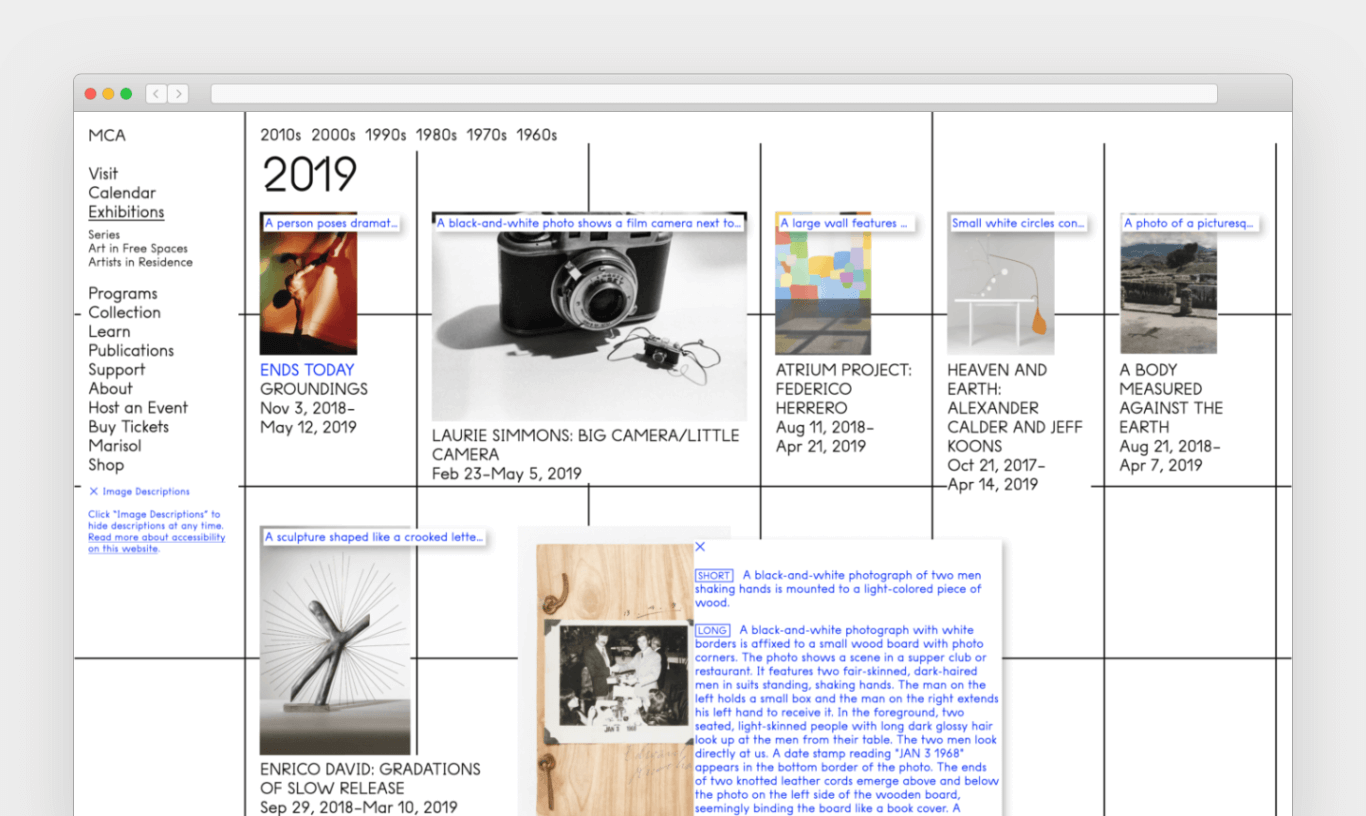 A screenshot of MCAChicago.org shows thumbnails representing exhibitions from 2019 with their descriptions visually exposed, overlapping each image on the page.