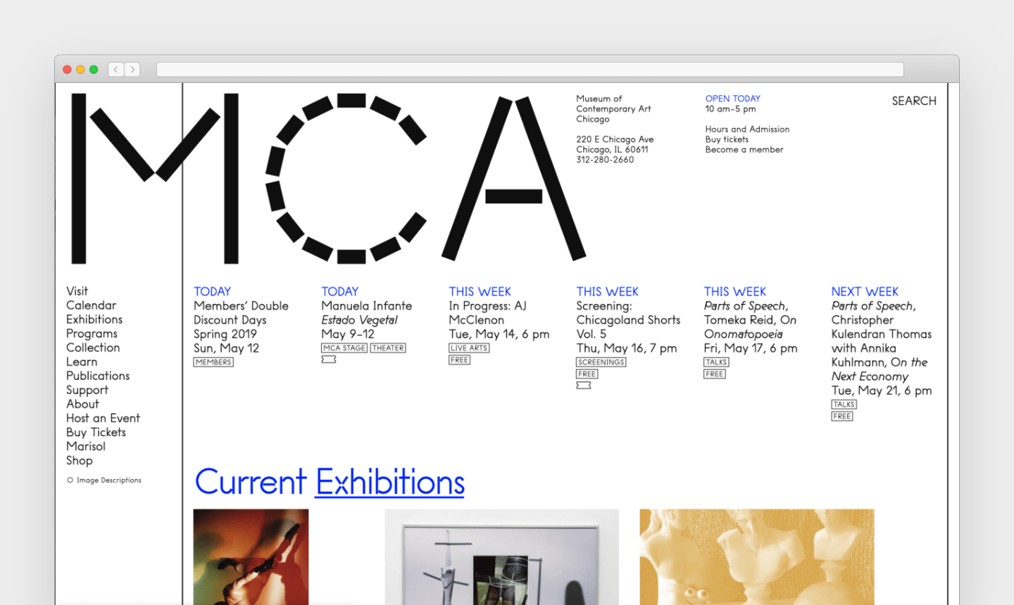 The letters "MCA" fill the upper left-hand corner of a screenshot of the MCAChicago.org homepage.