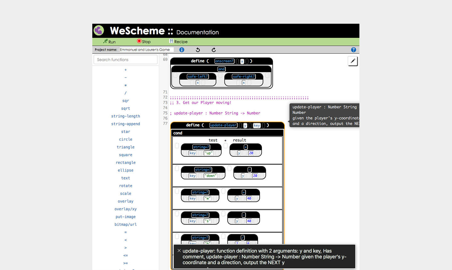 We Scheme Interface: Documentation page. On the left is a column of functions with a search box; on the right a column of images of code block elements and programming documentation.